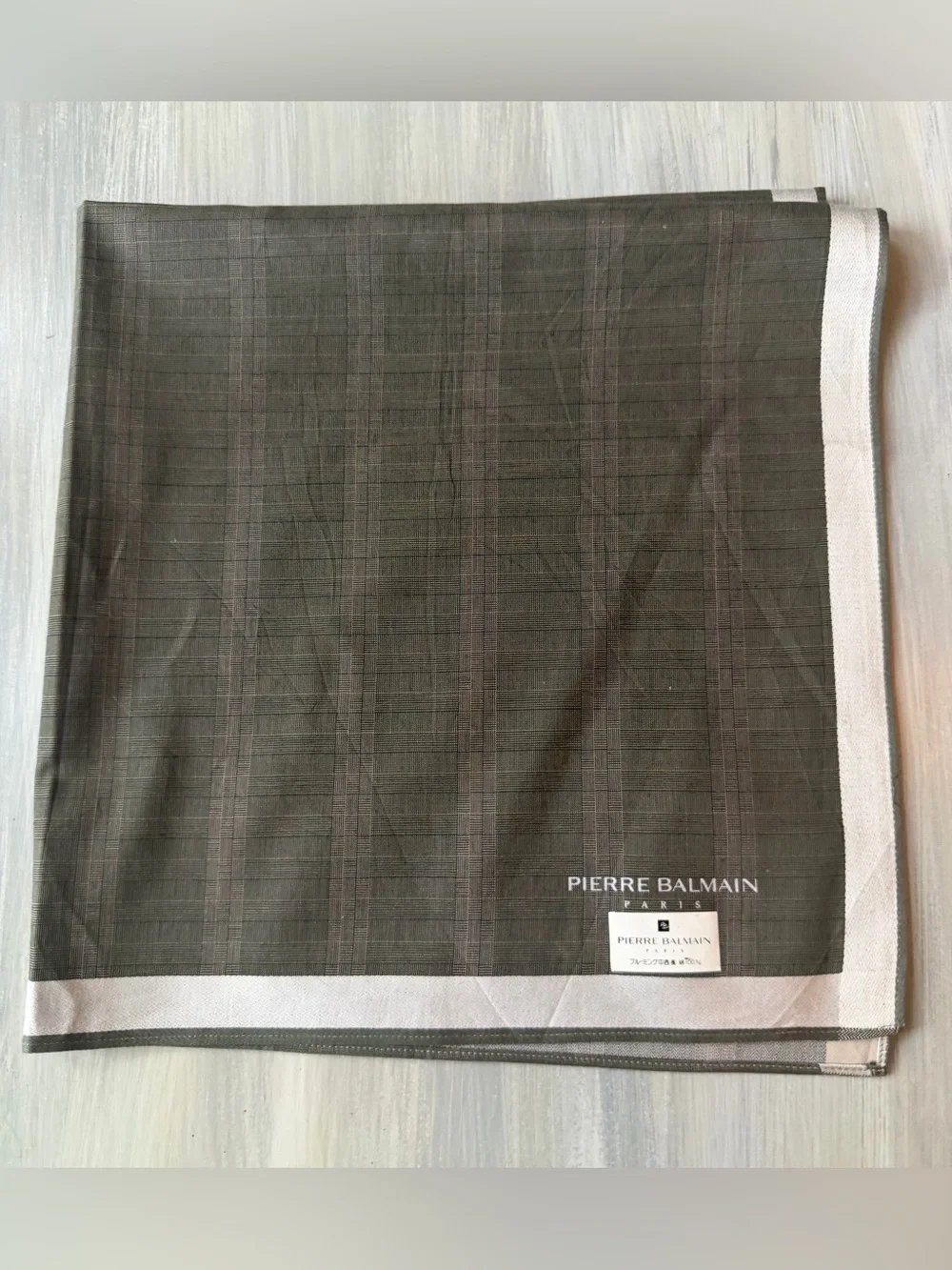 Pierre Balmain Paris Olive plaid scarf handkerchief neckerchief bandanna twilly